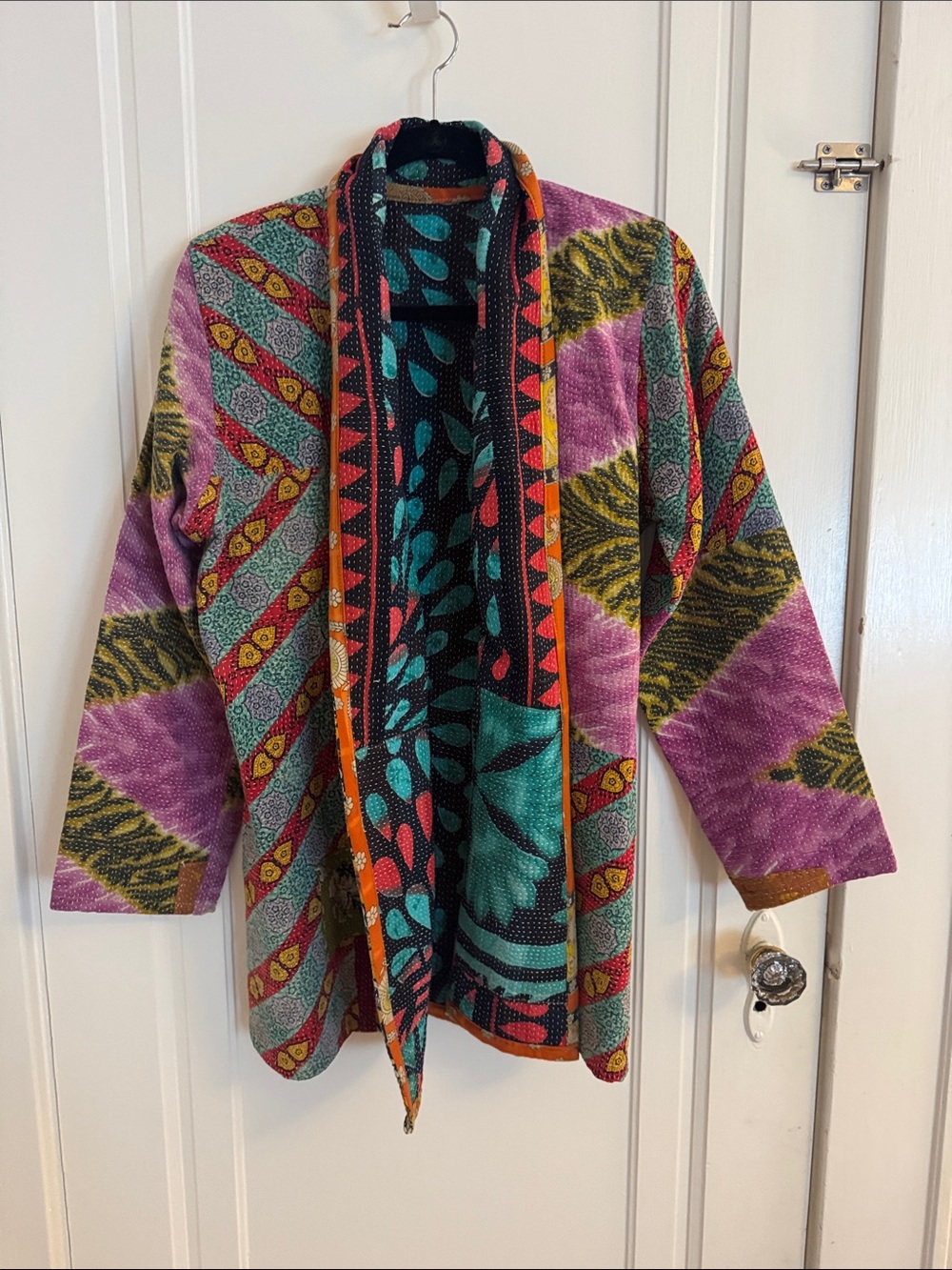 Multicolor Open-Front Fine Stitch Kantha Patchwork Upcycled Sari Vintage Jacket